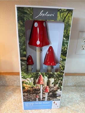 Red Ceramic Mushroom Garden Stakes - Set of 3